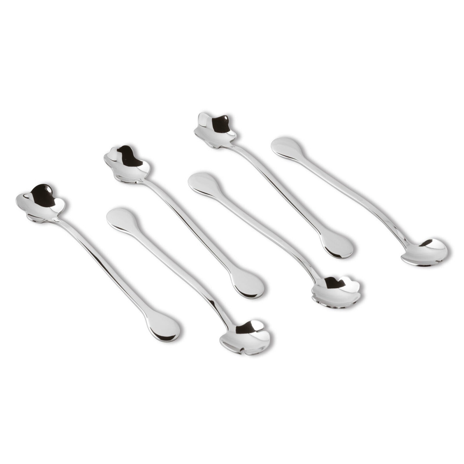 Eclectic Sambonet 6-piece stainless steel party spoon set with unique mirror-polished flower petal bowl designs.