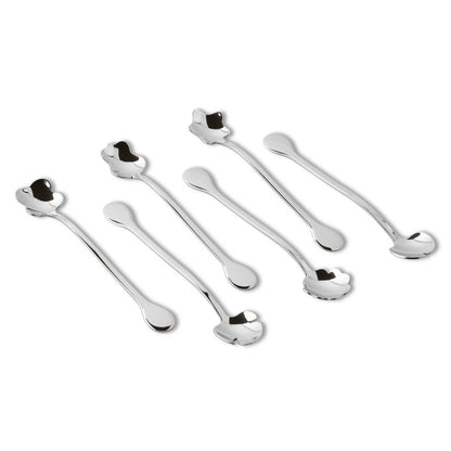 Eclectic Sambonet 6-piece stainless steel party spoon set with unique mirror-polished flower petal bowl designs.