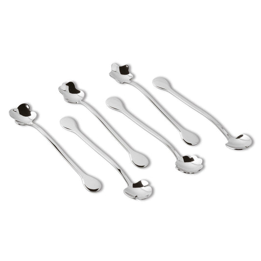 Eclectic Sambonet 6-piece stainless steel party spoon set with unique mirror-polished flower petal bowl designs.