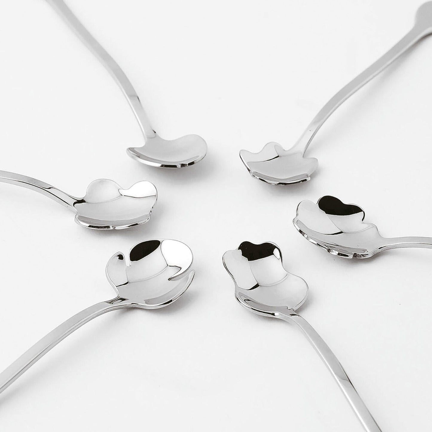 Eclectic Sambonet 6-piece silver stainless steel party spoon set with unique flower petal bowl designs