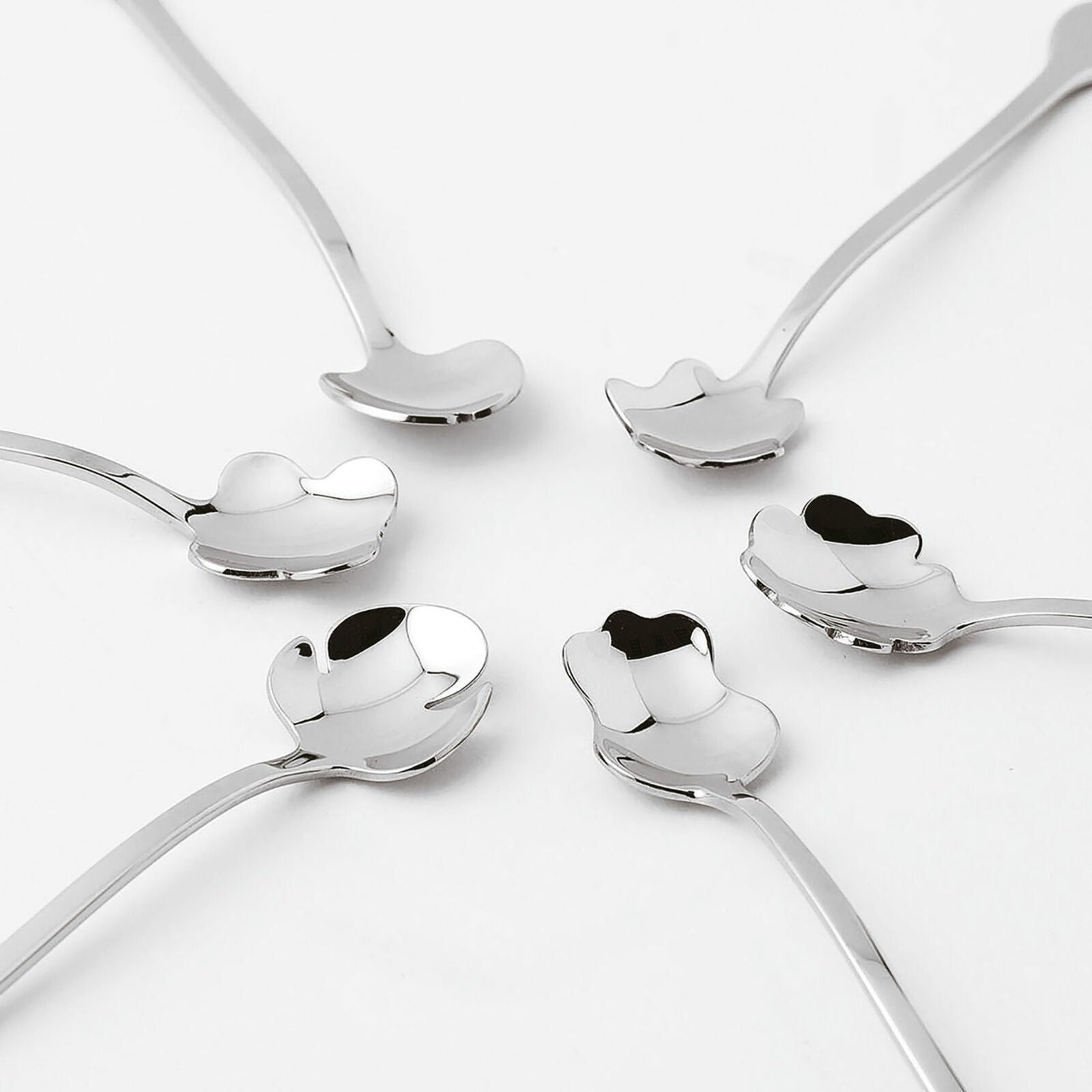 Eclectic Sambonet 6-piece silver stainless steel party spoon set with unique flower petal bowl designs