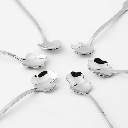 Eclectic Sambonet 6-piece silver stainless steel party spoon set with unique flower petal bowl designs
