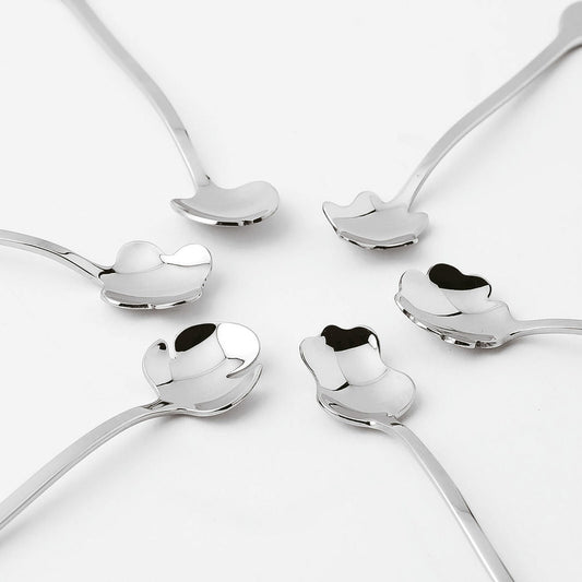 Eclectic Sambonet 6-piece silver stainless steel party spoon set with unique flower petal bowl designs