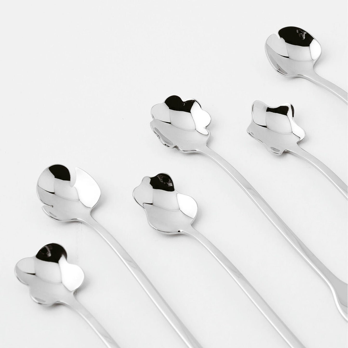 Eclectic Sambonet 6-piece stainless steel party spoon set with unique mirror-polished flower petal bowl designs.