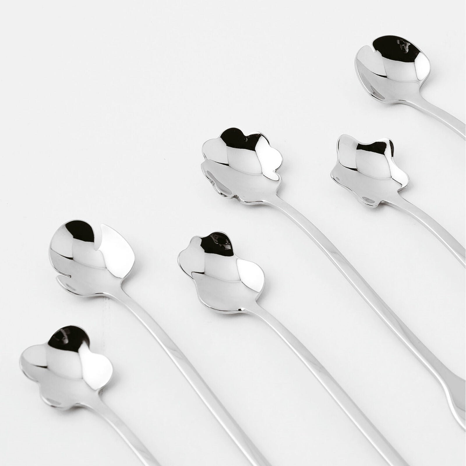 Eclectic Sambonet 6-piece stainless steel party spoon set with unique mirror-polished flower petal bowl designs.