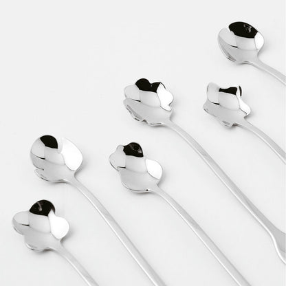 Eclectic Sambonet 6-piece stainless steel party spoon set with unique mirror-polished flower petal bowl designs.
