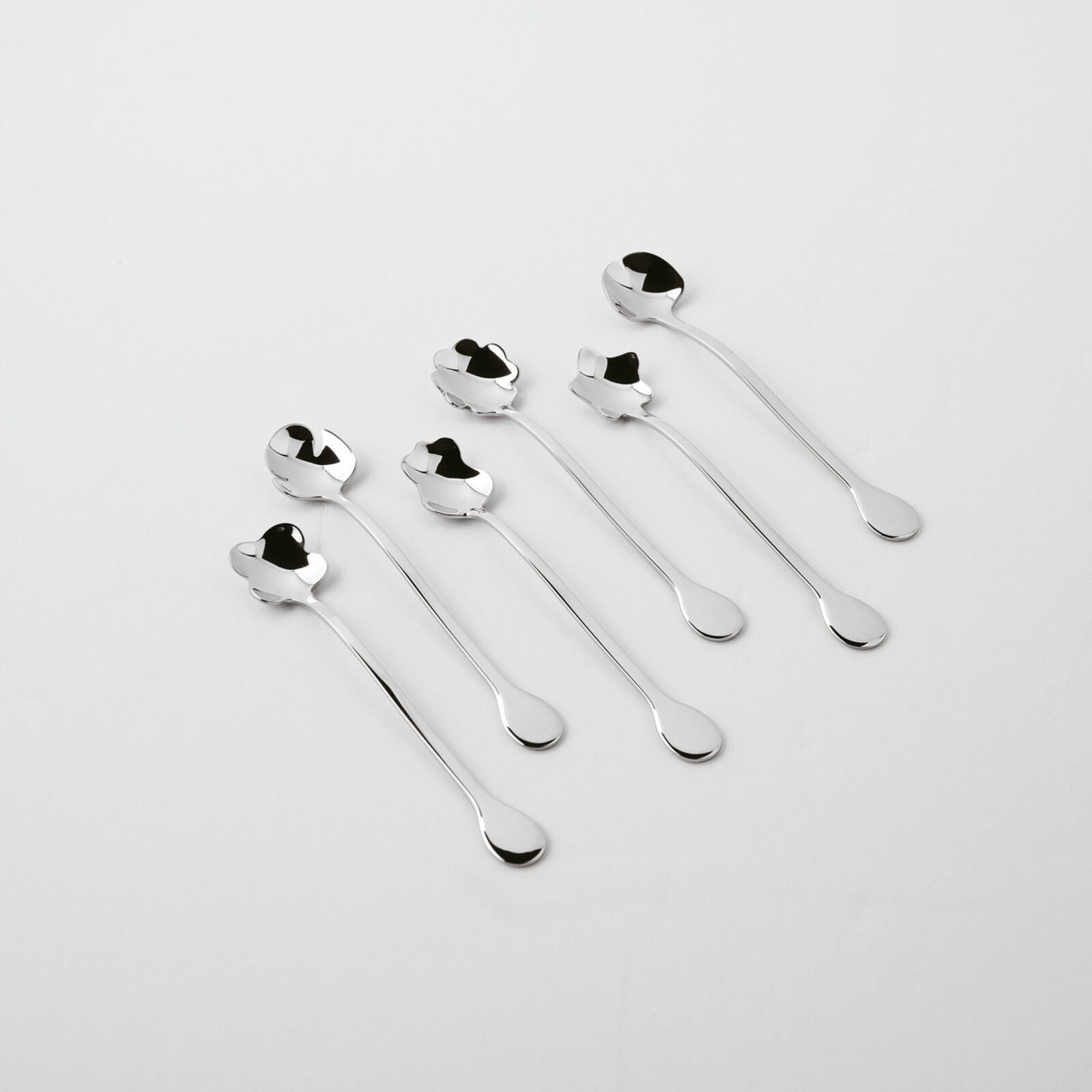 Eclectic Sambonet 6-piece silver stainless steel party spoon set with unique flower petal bowl designs
