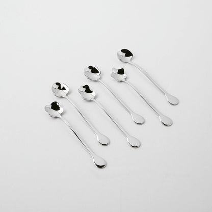 Eclectic Sambonet 6-piece silver stainless steel party spoon set with unique flower petal bowl designs