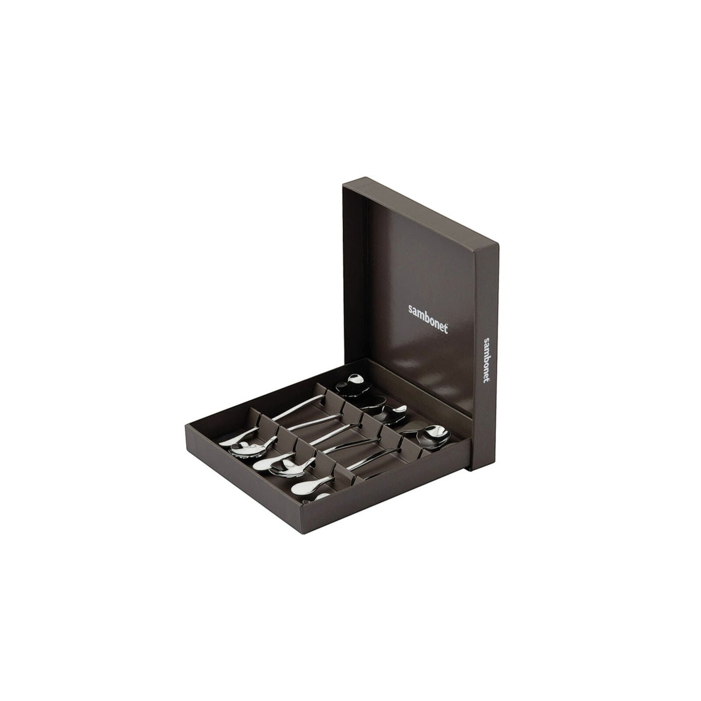 Eclectic Sambonet 6-piece stainless steel party spoon set with floral-inspired bowls in a luxury gift box.