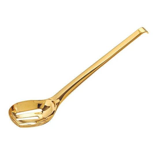 Eclectic Sambonet Living gold PVD stainless steel ice spoon with a perforated bowl for draining meltwater.