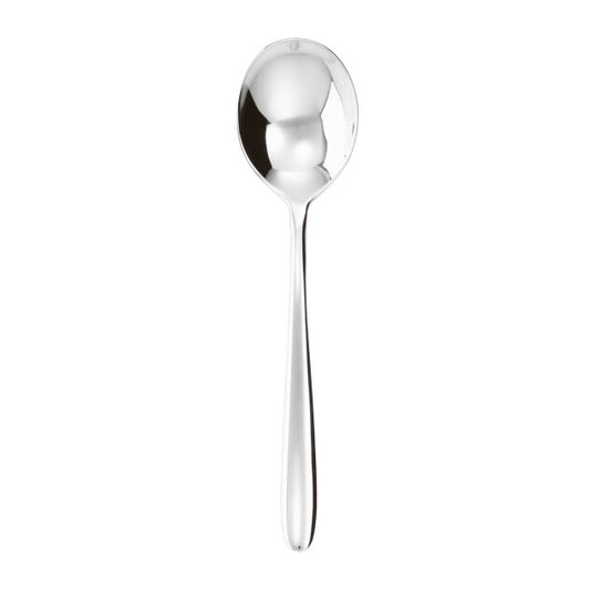 Eclectic Sambonet Hannah bouillon spoon in mirror-polished 18/10 stainless steel with a sculptural, elegant design.