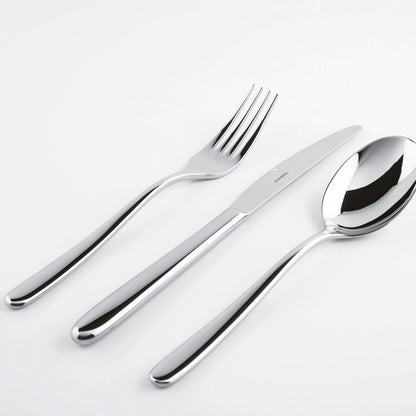 Eclectic Sambonet Hannah stainless steel cutlery set including a fork, knife, and spoon with a mirror-polished finish.
