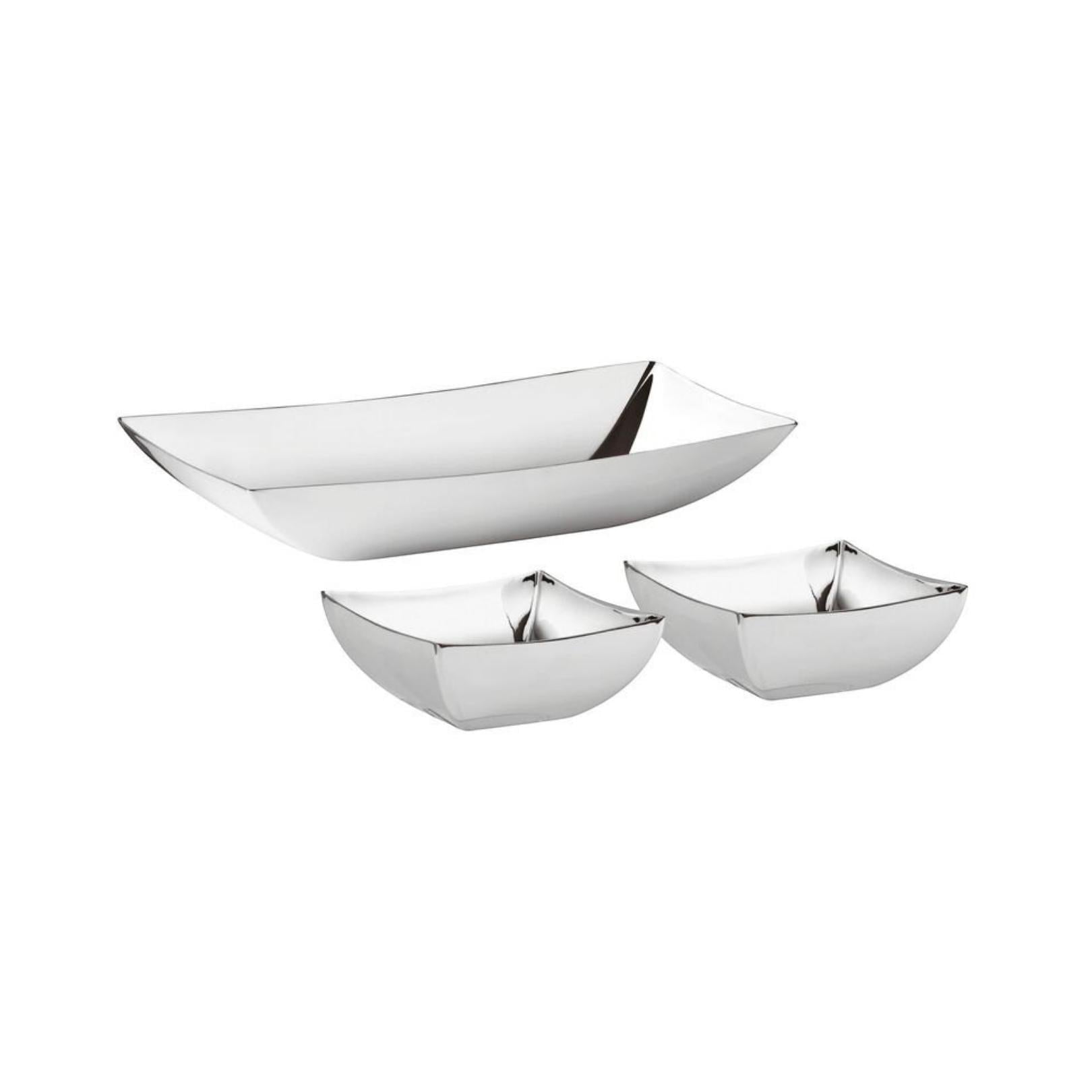 Eclectic Sambonet Linea Q stainless steel bread basket and two square bowls with a polished silver finish.