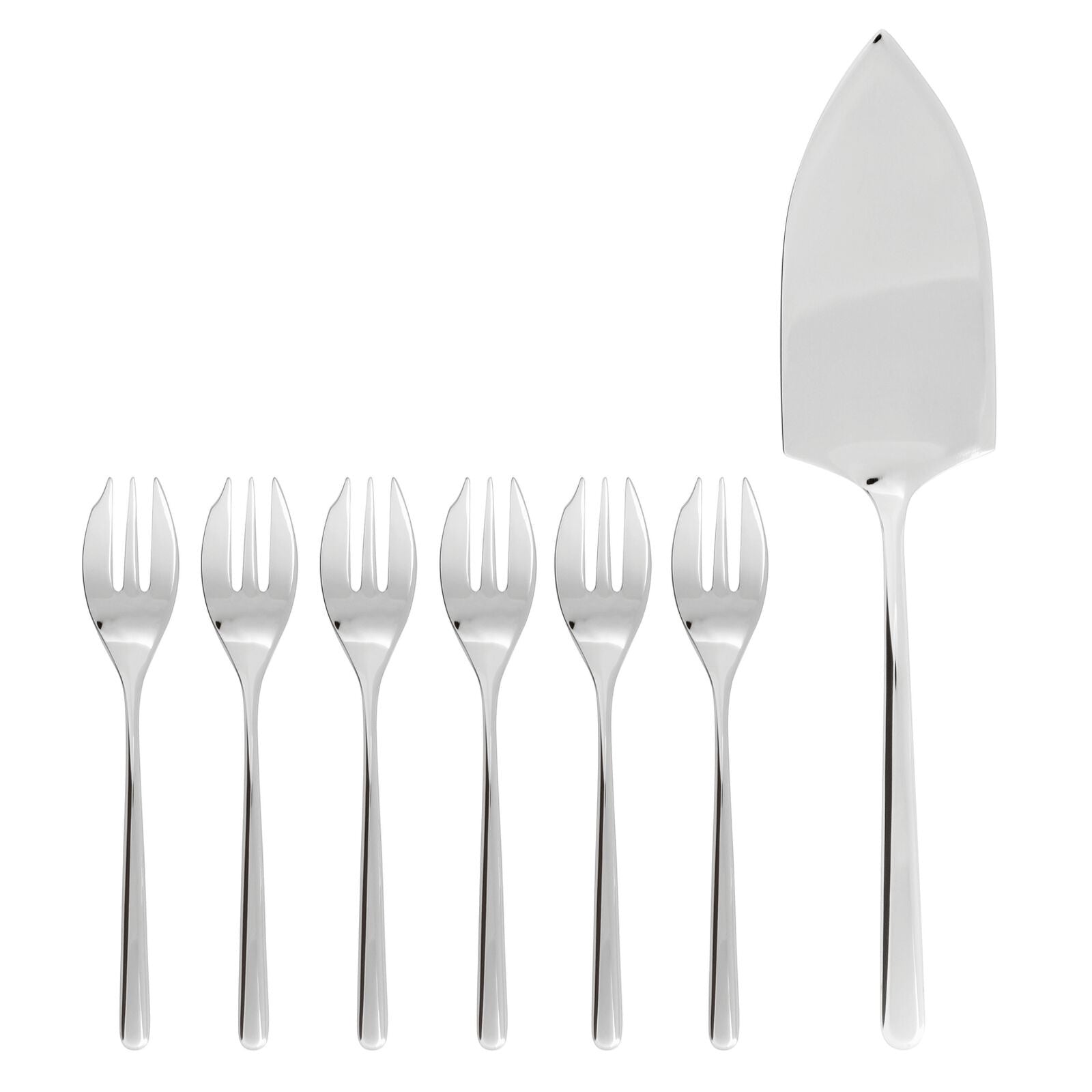 Eclectic Sambonet Linear 7-piece mirror-polished stainless steel cake server and fork set with geometric design.