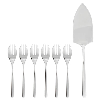 Eclectic Sambonet Linear 7-piece mirror-polished stainless steel cake server and fork set with geometric design.