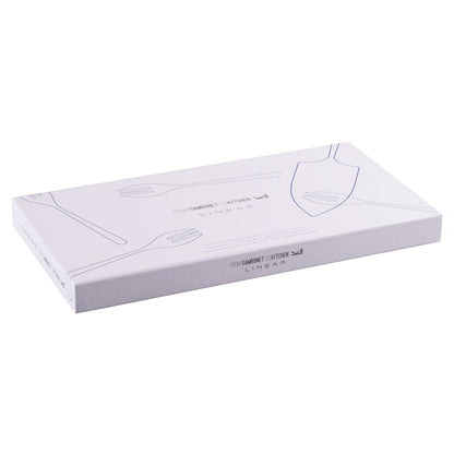 Eclectic Sambonet Linear mirror cake server and fork set in elegant white gift packaging with line art illustrations