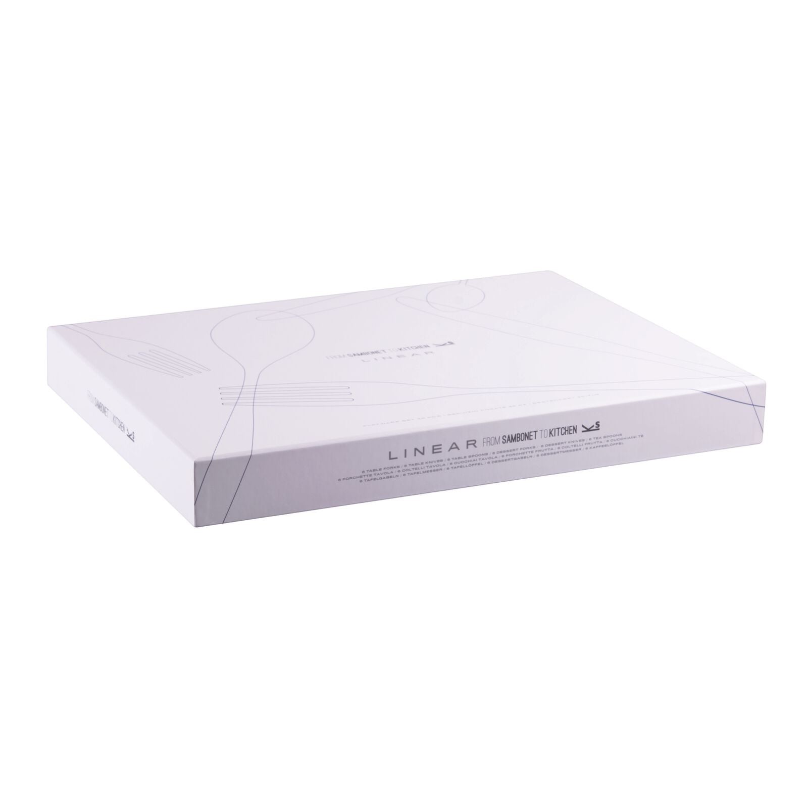 Eclectic Sambonet Linear 36-piece cutlery set in elegant white gift packaging for a sophisticated table setting.
