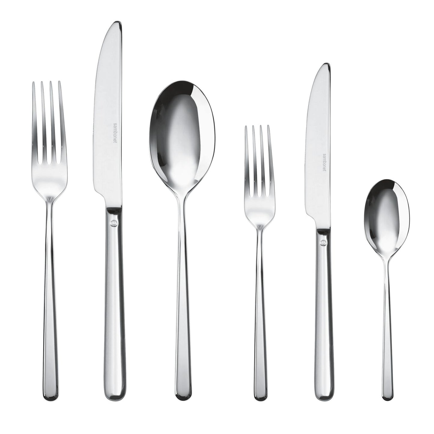 Eclectic Sambonet Linear 36-piece cutlery set in mirror-polished 18/10 stainless steel with clean geometric lines.