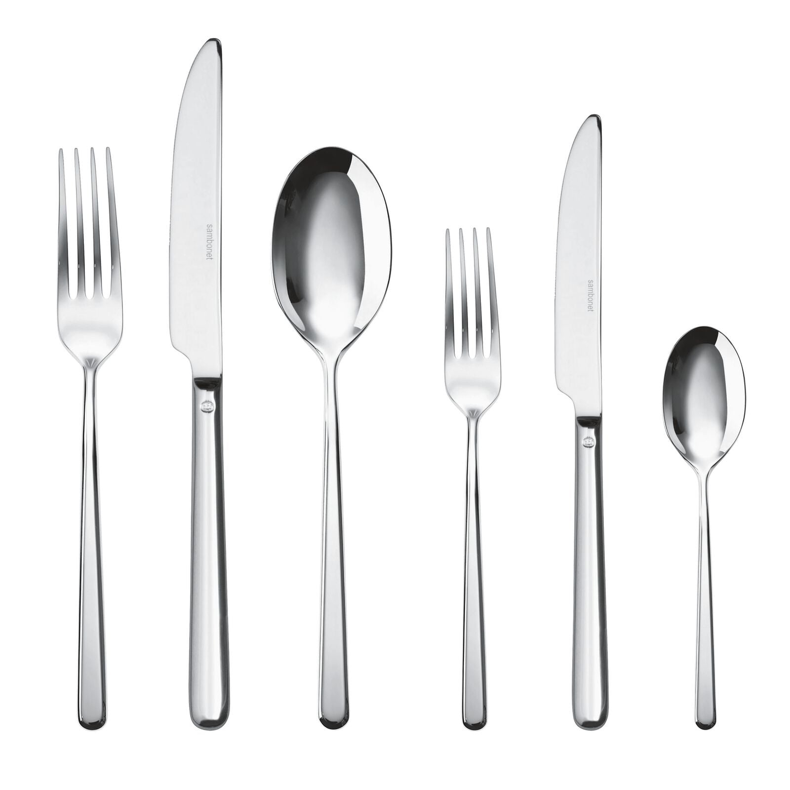 Eclectic Sambonet Linear 36-piece cutlery set in mirror-polished 18/10 stainless steel with clean geometric lines.