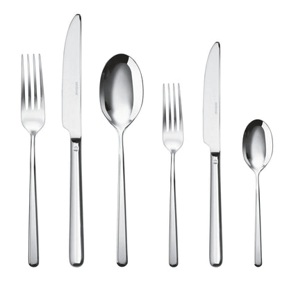 Eclectic Sambonet Linear 36-piece cutlery set in mirror-polished 18/10 stainless steel with clean geometric lines.