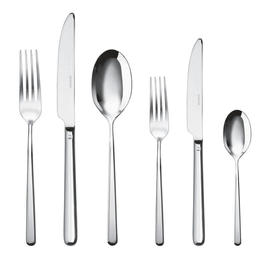 Eclectic Sambonet Linear 36-piece cutlery set in mirror-polished 18/10 stainless steel with clean geometric lines.