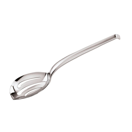 Eclectic Sambonet Living 30cm perforated serving spoon in polished mirror stainless steel for elegant table service.