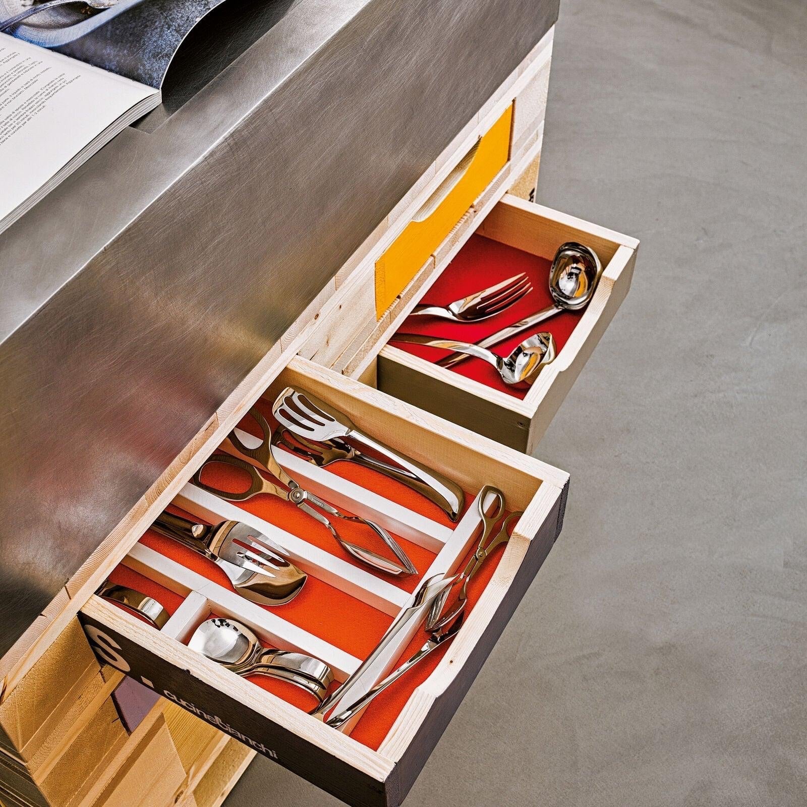 Eclectic Sambonet Living stainless steel serving fork stored in a wooden kitchen drawer with other cutlery