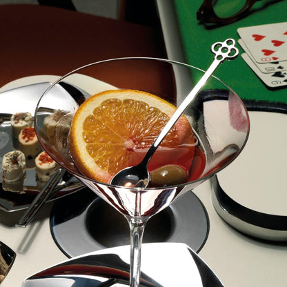 Eclectic Sambonet Party Portafortuna mirror stainless steel spoon with decorative terminal in a cocktail glass