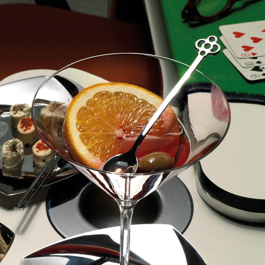 Eclectic Sambonet Party Portafortuna mirror stainless steel spoon with decorative terminal in a cocktail glass
