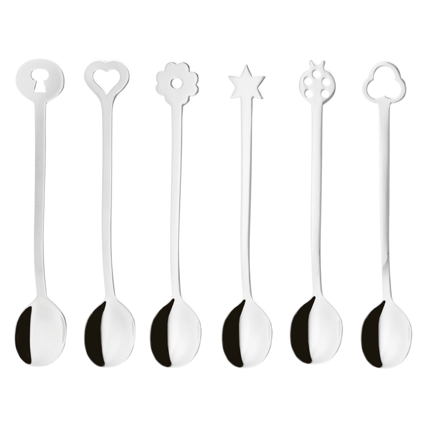 Eclectic Sambonet Party Portafortuna mirror-finish stainless steel spoon set with six unique decorative terminals.