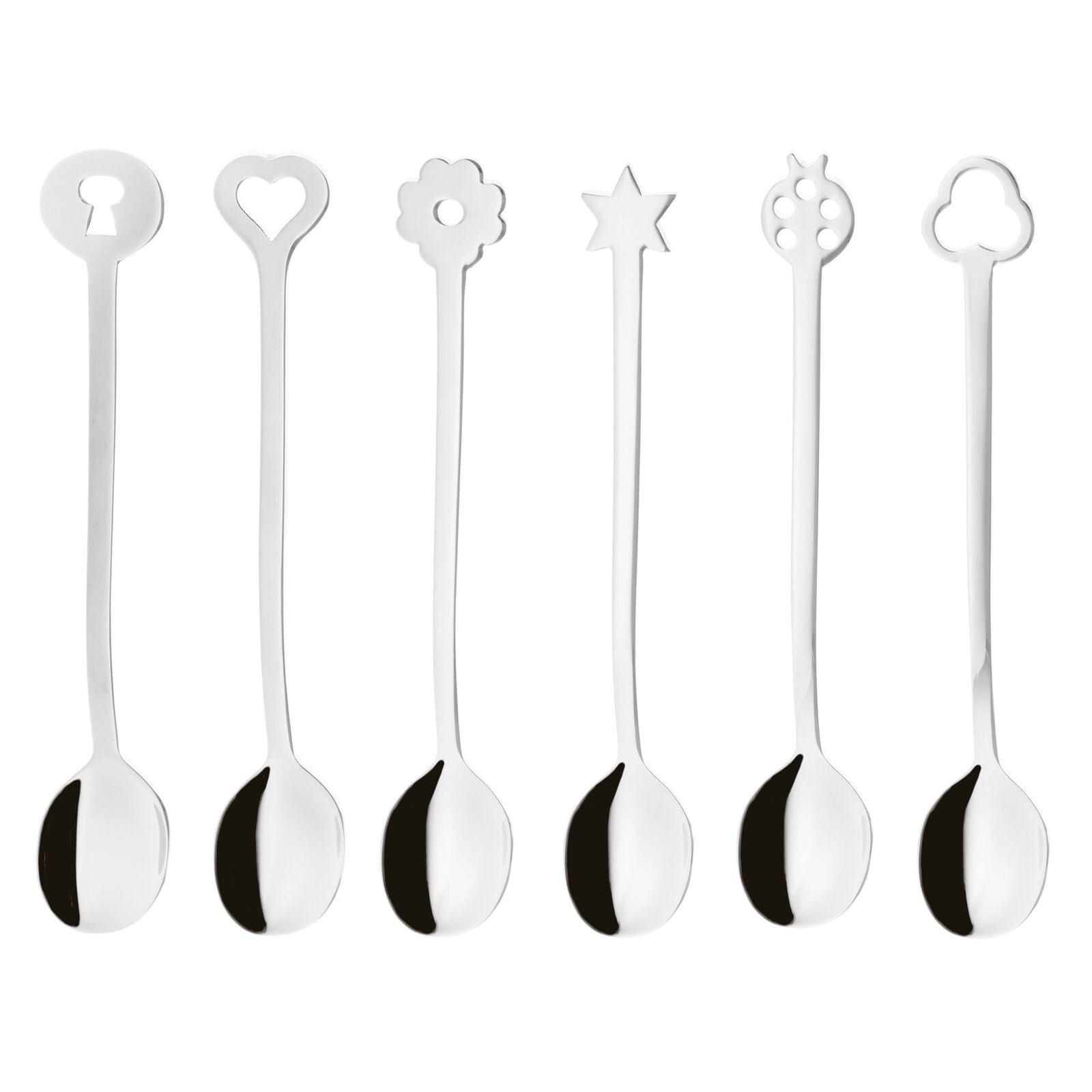 Eclectic Sambonet Party Portafortuna mirror-finish stainless steel spoon set with six unique decorative terminals.