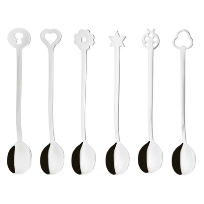 Eclectic Sambonet Party Portafortuna mirror-finish stainless steel spoon set with six unique decorative terminals.