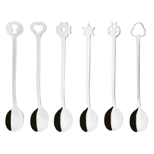 Eclectic Sambonet Party Portafortuna mirror-finish stainless steel spoon set with six unique decorative terminals.