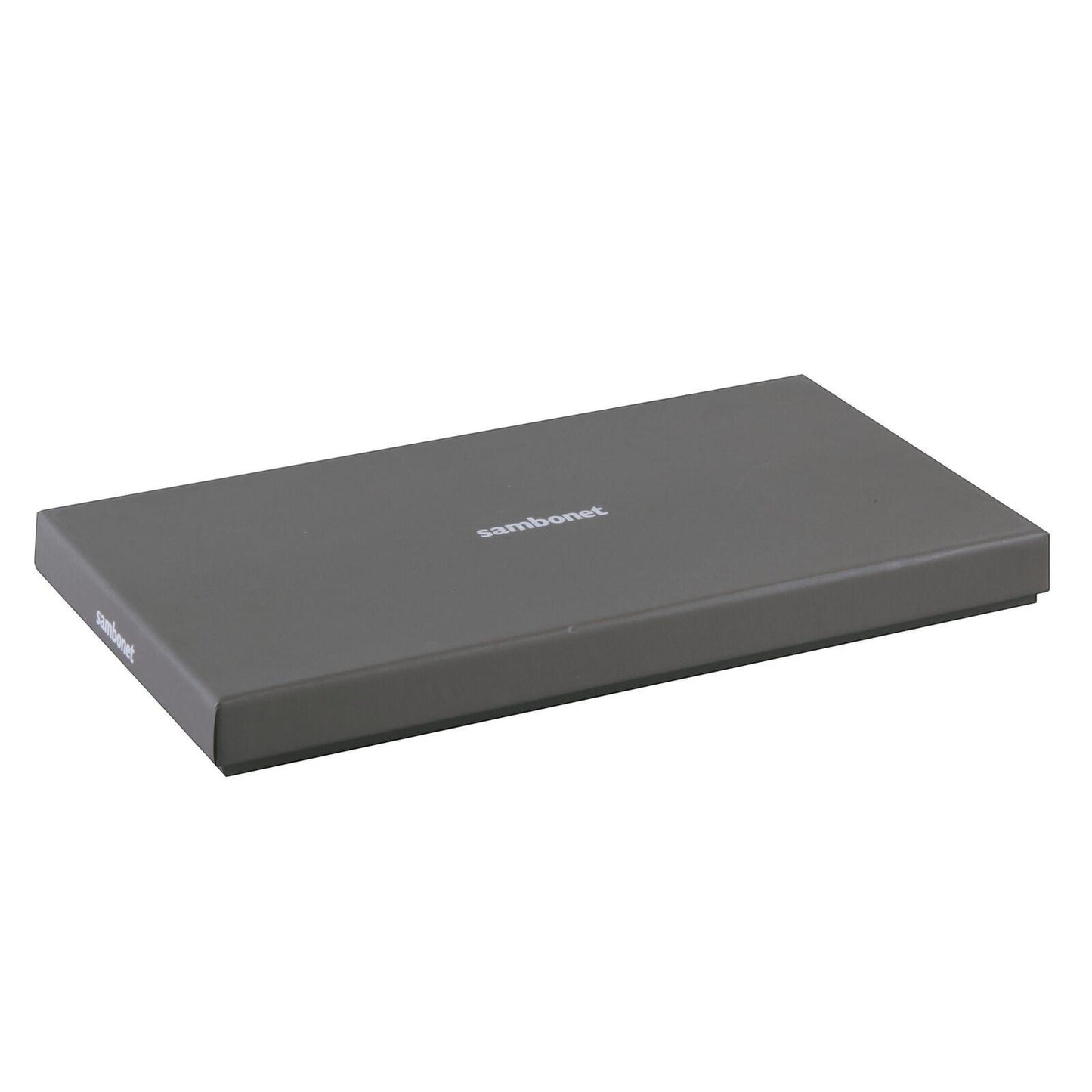 Eclectic Sambonet Party Mirror Fork Set presented in a sleek grey branded gift box for elegant storage.
