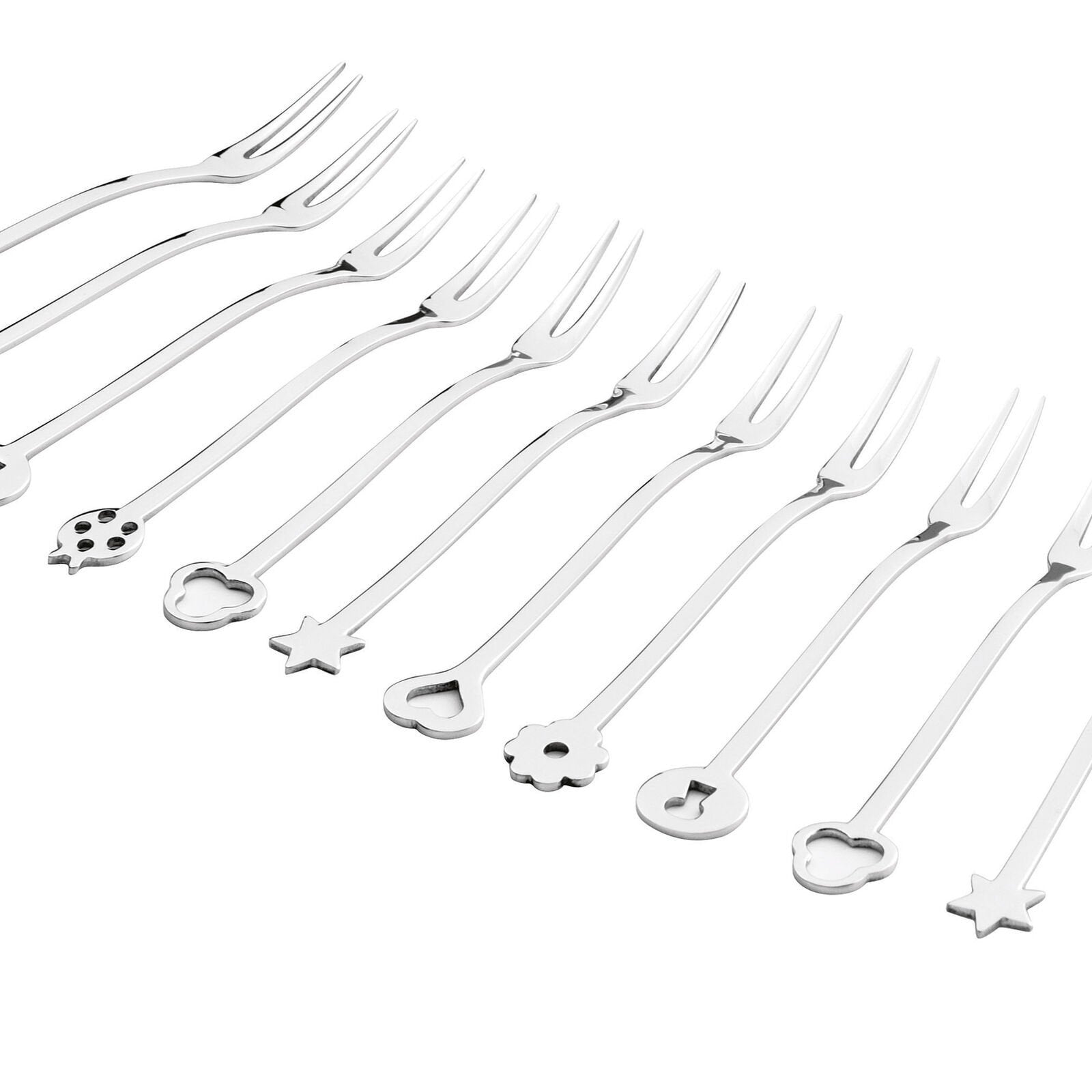 Eclectic Sambonet Party mirror-finish stainless steel appetizer forks with unique decorative amulet-shaped terminals