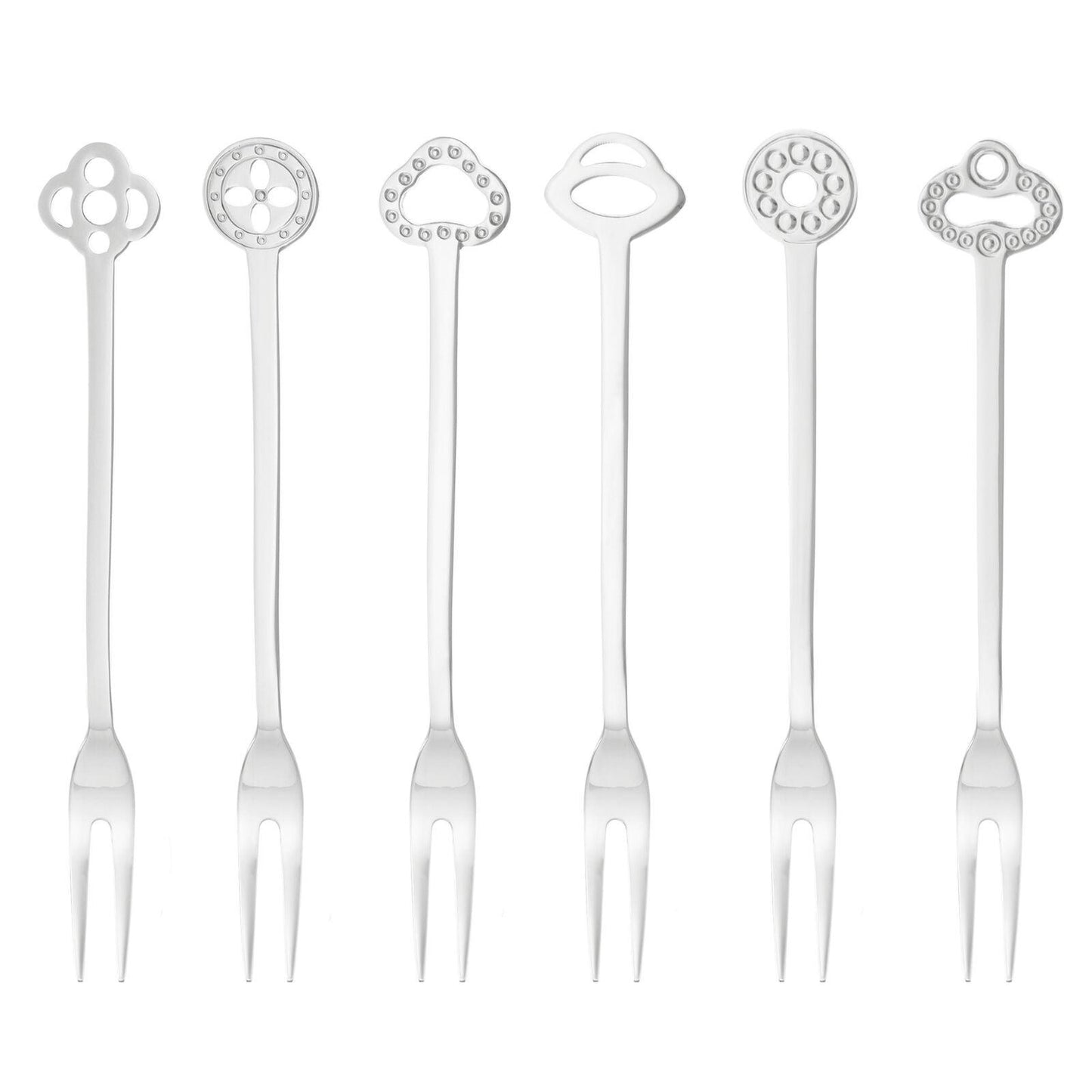 Eclectic Sambonet Party mirror-finish stainless steel appetizer forks with unique decorative terminals in a set of 6.