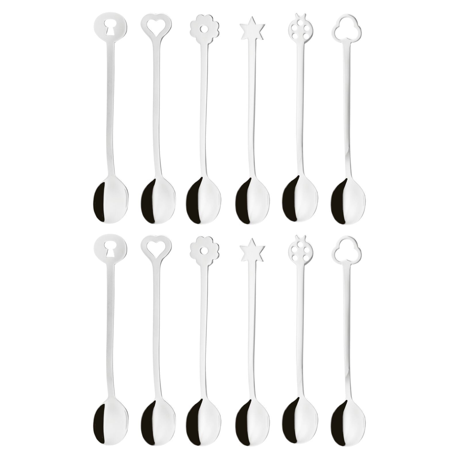Eclectic Sambonet Party Portafortuna mirror finish stainless steel spoon set with decorative icon terminals