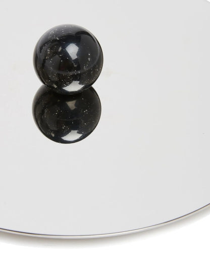Eclectic Sambonet Penelope ice bucket lid featuring a polished stainless steel surface and black marble-effect knob.