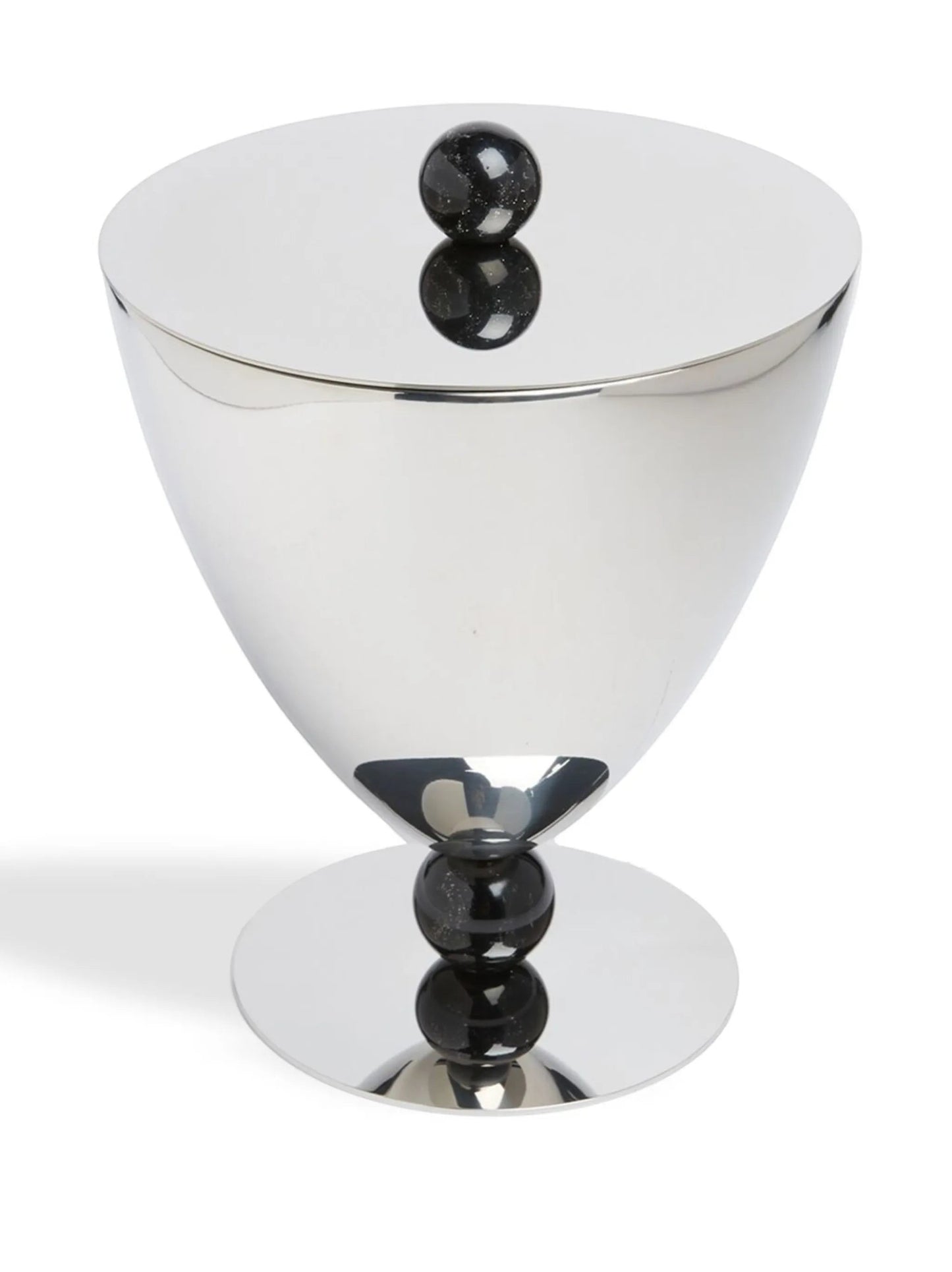 Eclectic Sambonet Penelope ice bucket in mirror-polished stainless steel with black marble-effect resin accents.