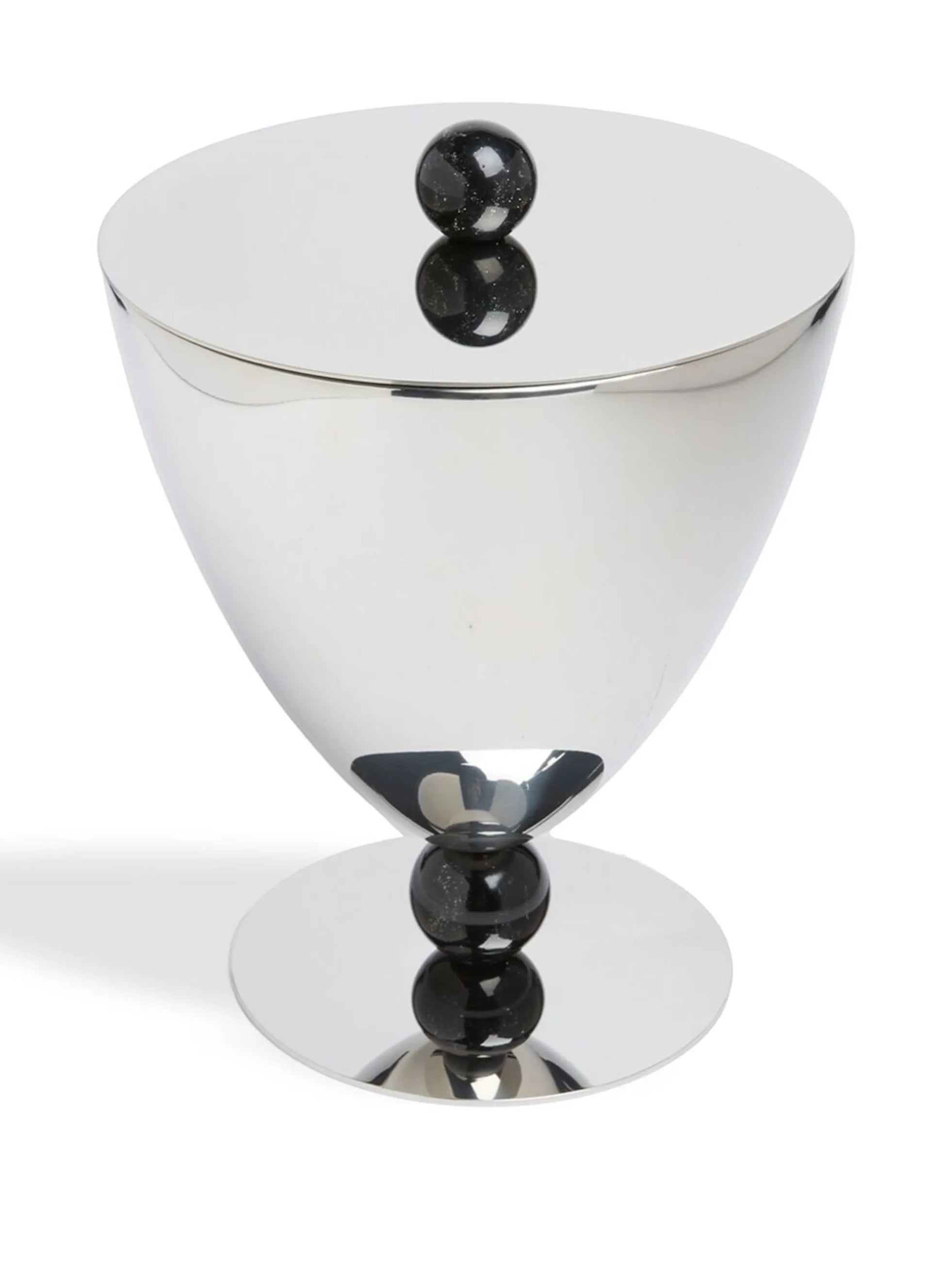 Eclectic Sambonet Penelope ice bucket in mirror-polished stainless steel with black marble-effect resin accents.