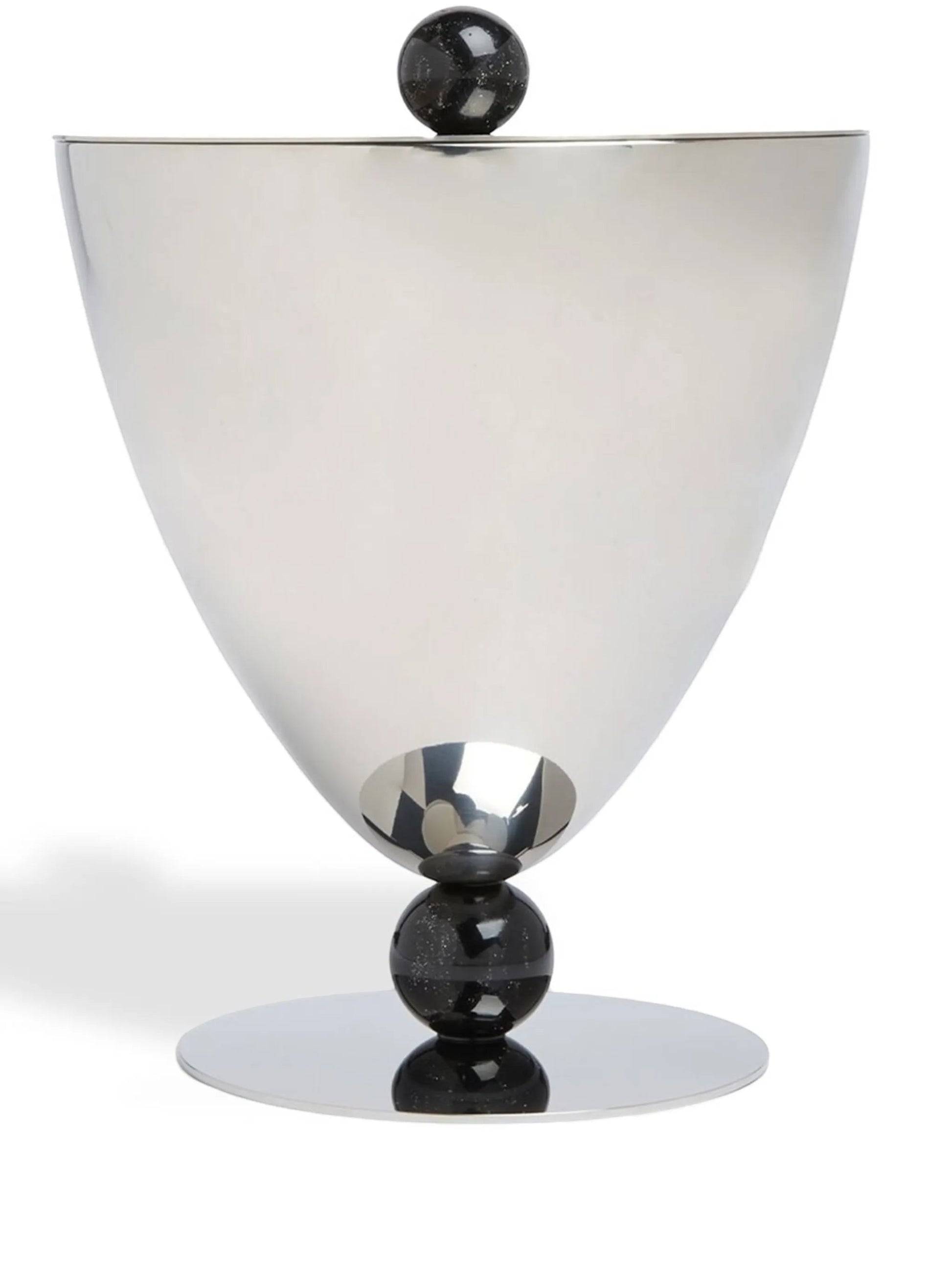 Eclectic Sambonet Penelope ice bucket in mirror-polished stainless steel with a black marble-effect resin base and knob.