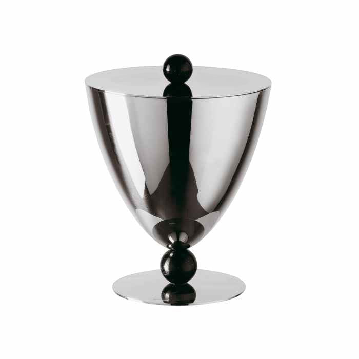 Eclectic Sambonet Penelope ice bucket in mirror-polished stainless steel with black marble-effect resin accents.