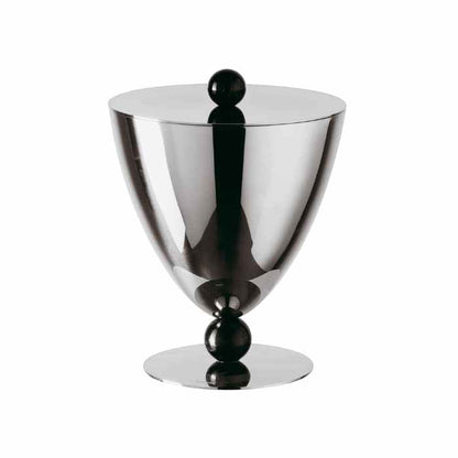 Eclectic Sambonet Penelope ice bucket in mirror-polished stainless steel with black marble-effect resin accents.
