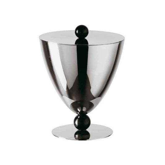 Eclectic Sambonet Penelope ice bucket in mirror-polished stainless steel with black marble-effect resin accents.
