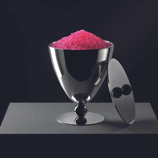 Eclectic Sambonet Penelope ice bucket in mirror-polished stainless steel with black marble-effect resin details.