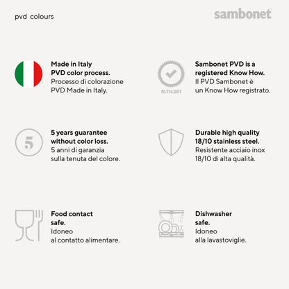 Eclectic Sambonet PVD coating features including Italian craftsmanship, food safety, and dishwasher durability.