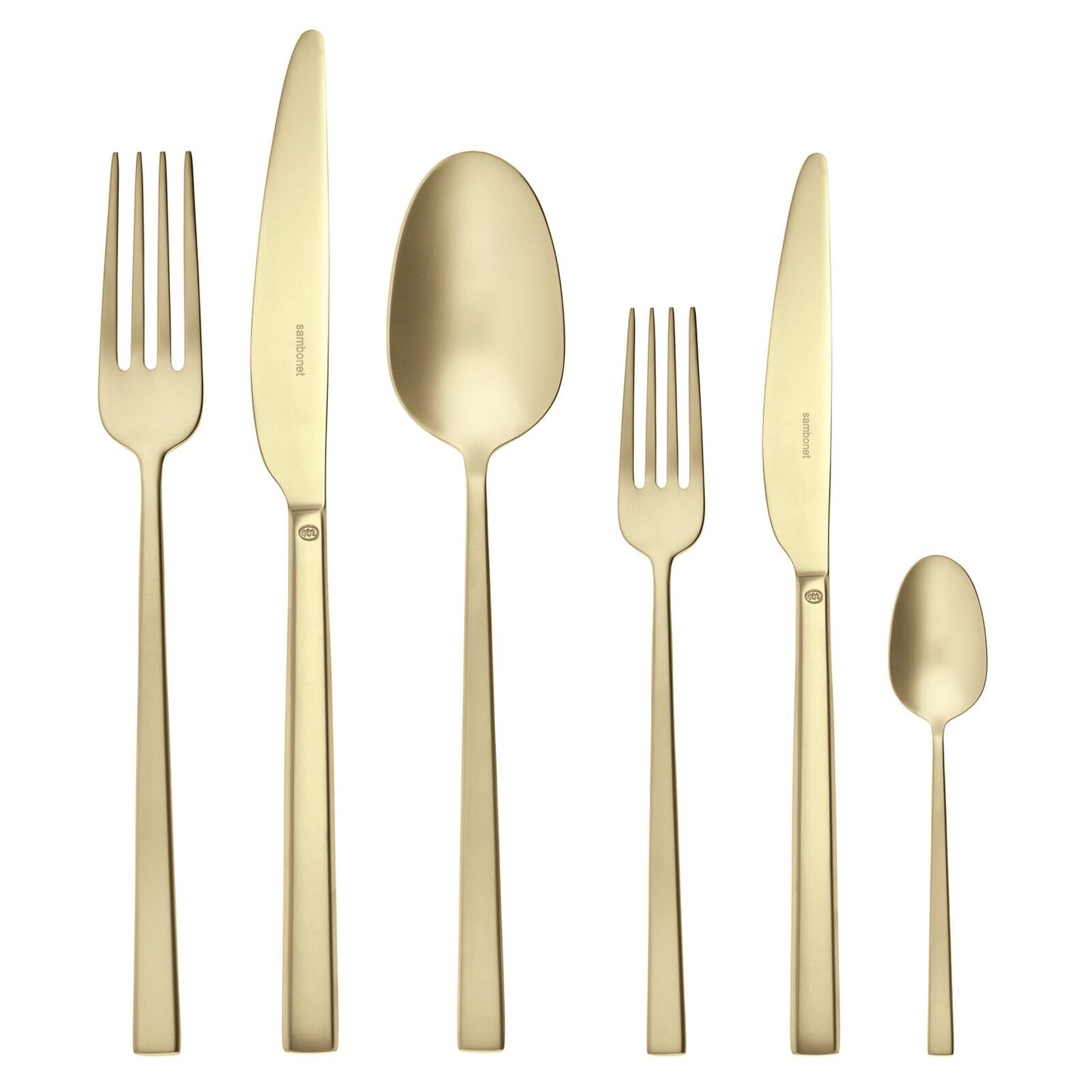 Eclectic Sambonet Rock Antique 36-piece cutlery set in champagne PVD stainless steel with a matte textured finish.