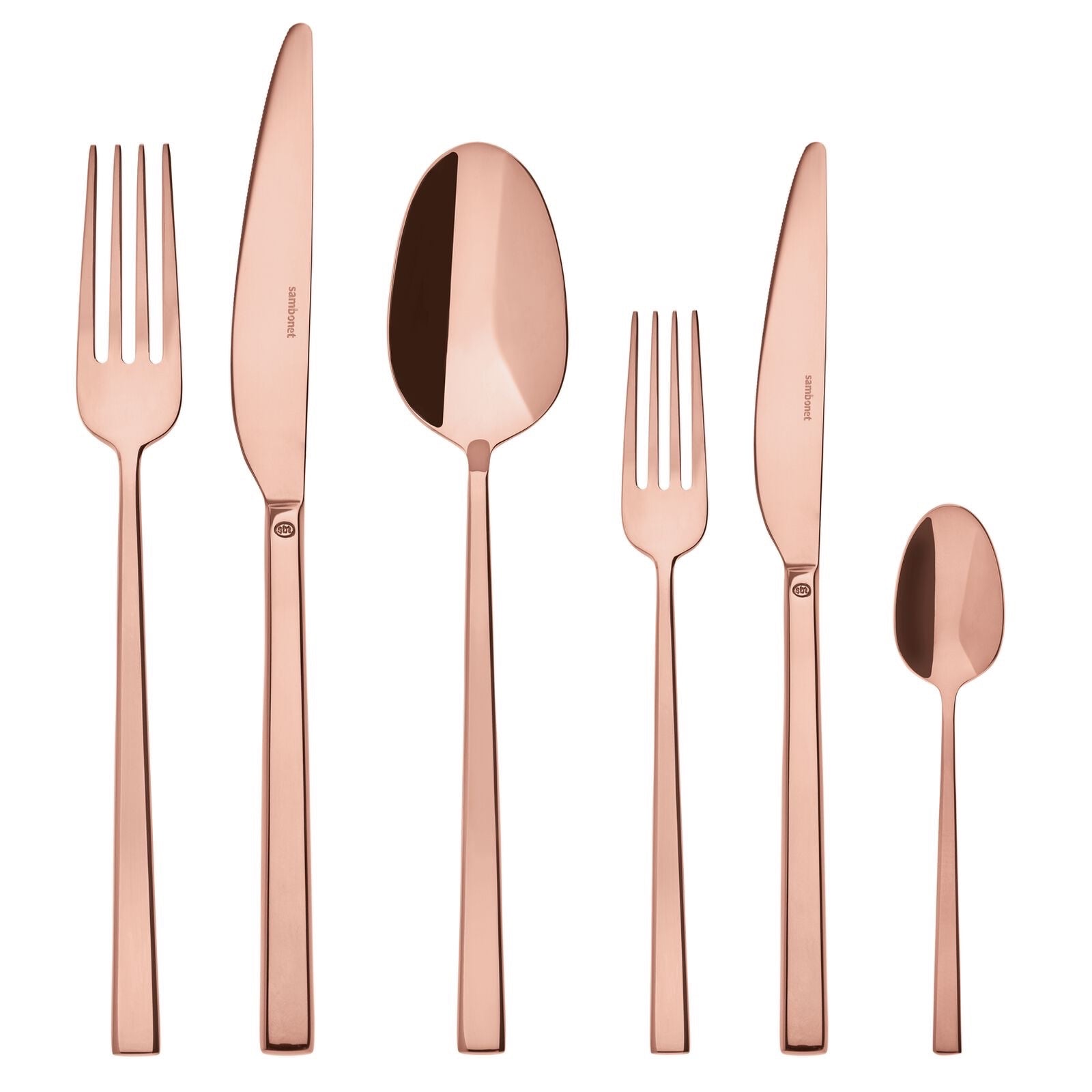 Eclectic Sambonet Rock mirror copper 36-piece stainless steel cutlery set featuring square-edged forks, knives, spoons