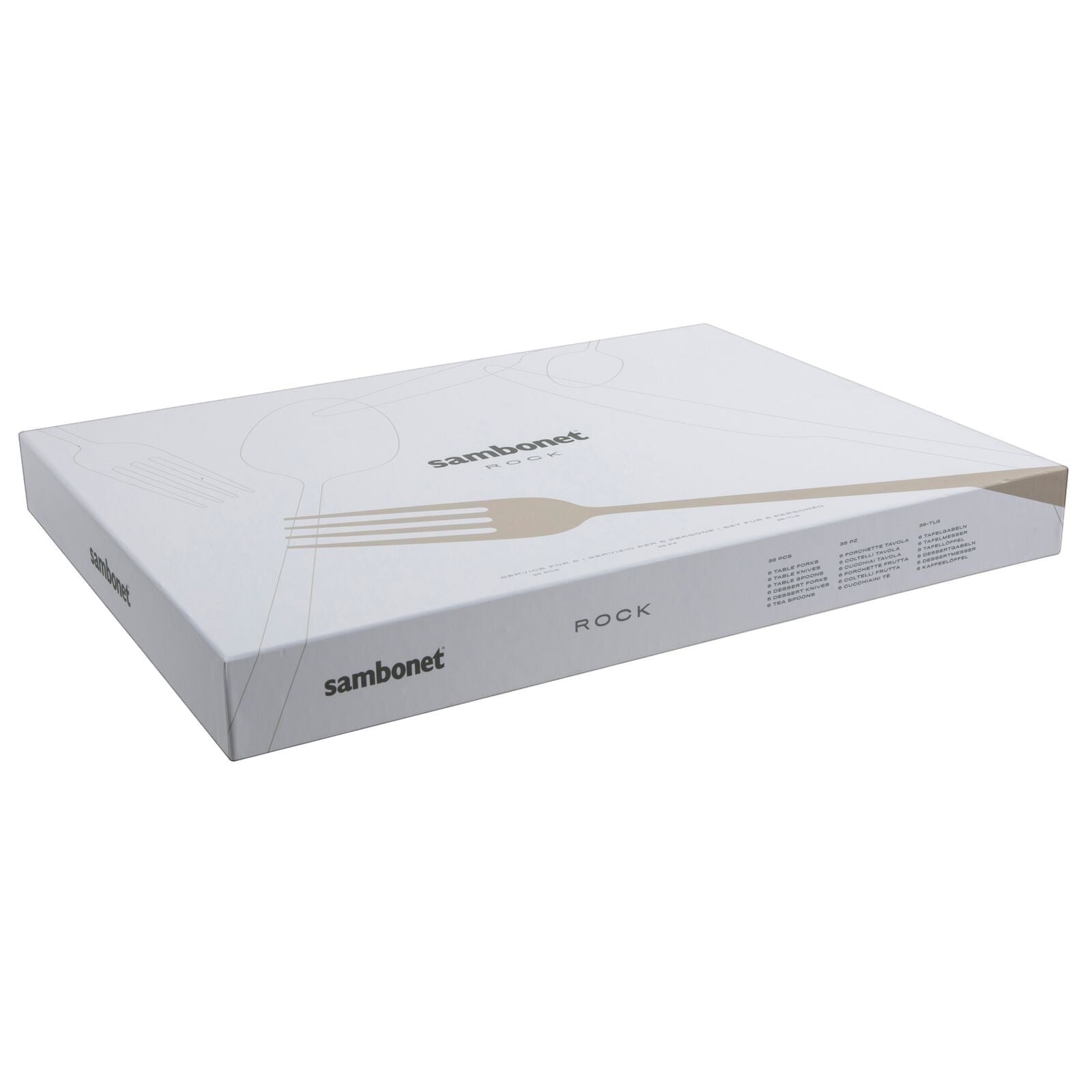 Eclectic Sambonet Rock Mirror 36-piece cutlery set in its branded white presentation box for six people.