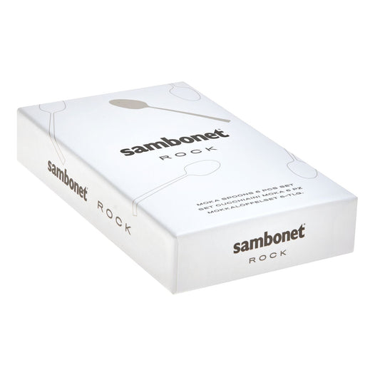 Eclectic Sambonet Rock espresso spoon set in white branded packaging for six moka coffee spoons